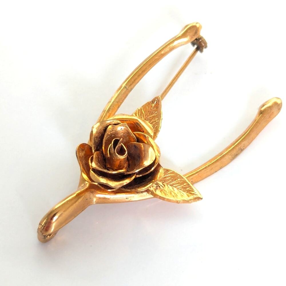 Vintage Estate Signed Coro Retro Gold Tone Wish Bone Rose Good Luck Brooch